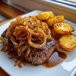 Ein saftiges Stück Zwiebelrostbraten mit knusprigen Röstzwiebeln und goldbraunen Bratkartoffeln.