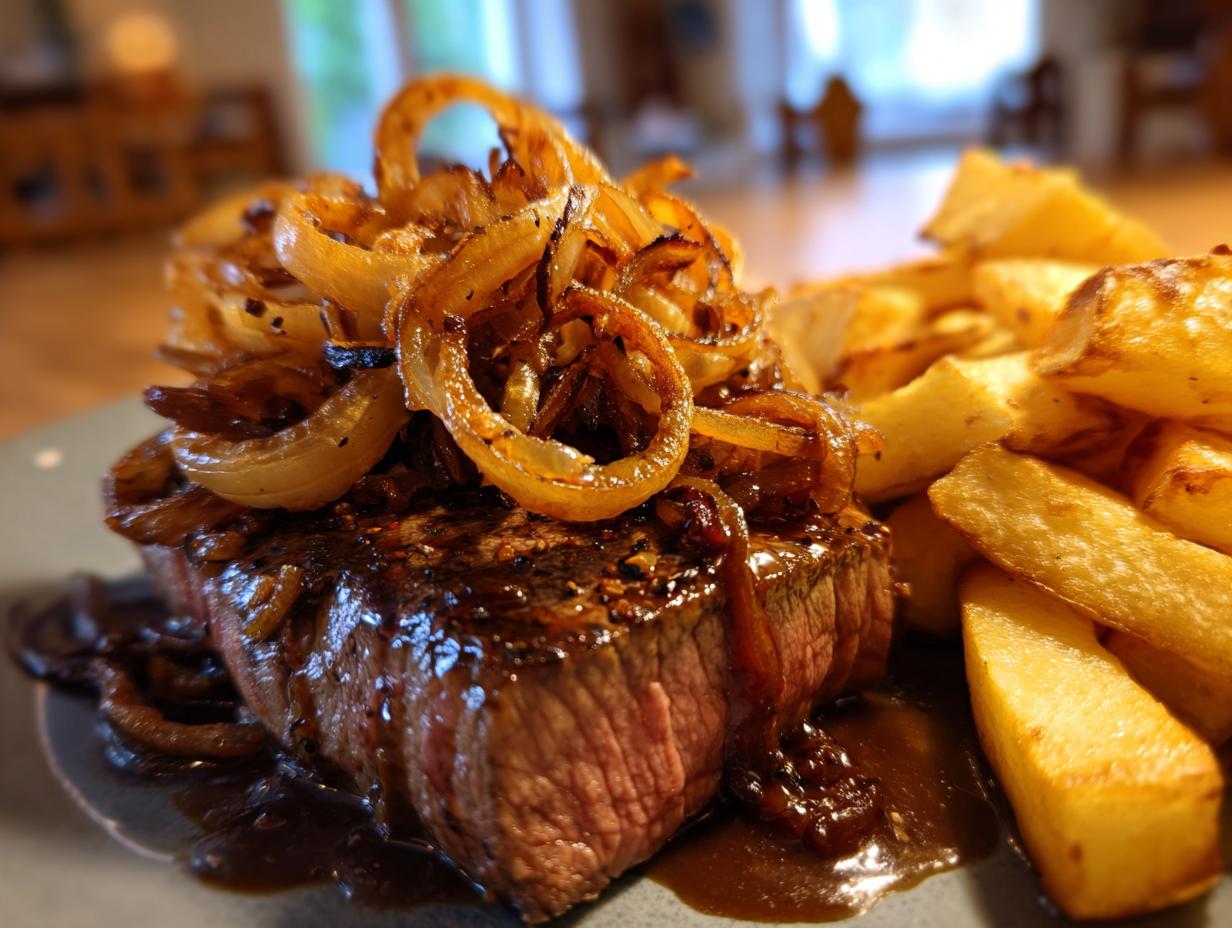 Ein saftiges Stück Zwiebelrostbraten, bedeckt mit krossen Röstzwiebeln und dunkler Soße, serviert mit dicken Bratkartoffeln.