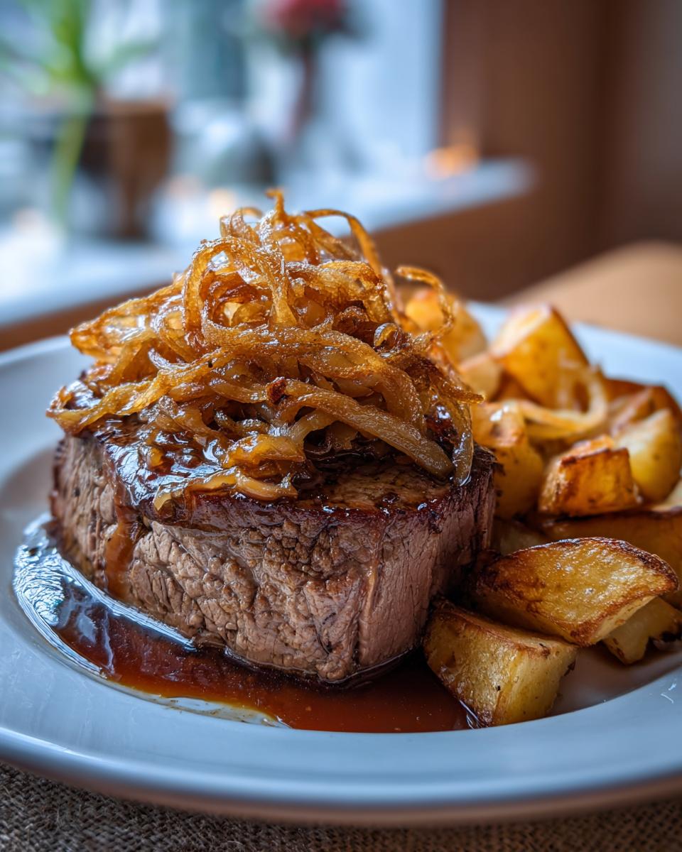 Nahaufnahme von saftigem Zwiebelrostbraten mit Röstzwiebeln und goldbraunen Bratkartoffeln auf einem Teller.